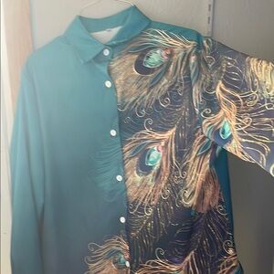Green and Blue Casual Button Down Shirt with Unique Split Design